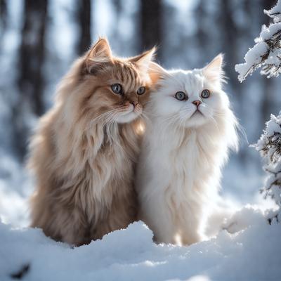 The primary subject of the image is a pair of white and orange cats standing in the snow. They are positioned close to each other, with one cat on the left and the other on the right. The setting is a snowy environment, with trees in the background. The visual style of the image is a photo, capturing the cats in their natural habitat. The colors and mood of the image are predominantly white and orange, with a sense of coldness and tranquility.
